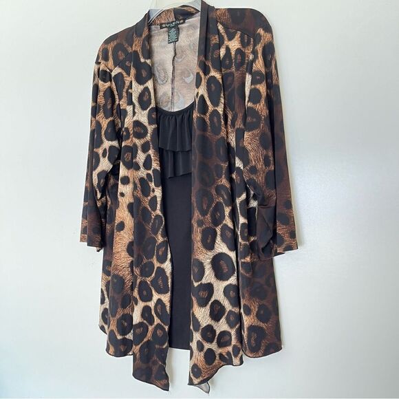 Suzie In The City Ruffle Blouse Waterfall Cardigan Animal Print 2-in-1 Top 2X - Picture 6 of 10